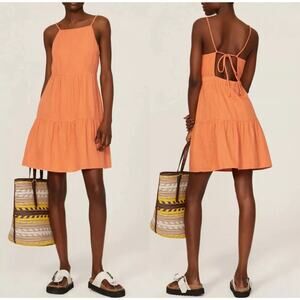 LOUNA Mini Dress Womens Medium Orange Tiered Shift Strappy Open Back Cotton FLAW